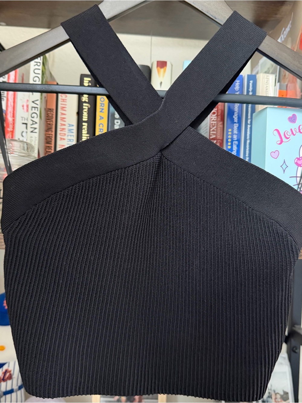 Babaton Black Ribbed Halter Crop Top